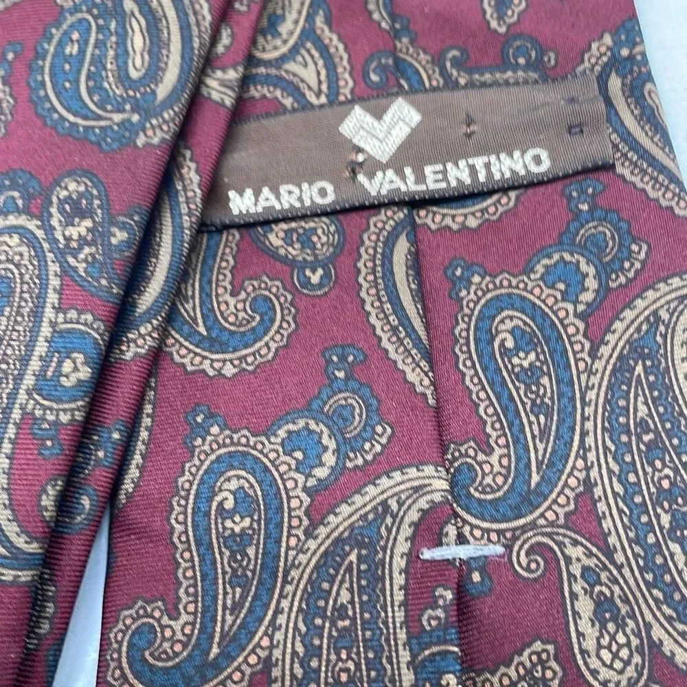 Vintage Mario Valentino Silk Ties For Mens Maroon Midnight Blue Paisley Print US